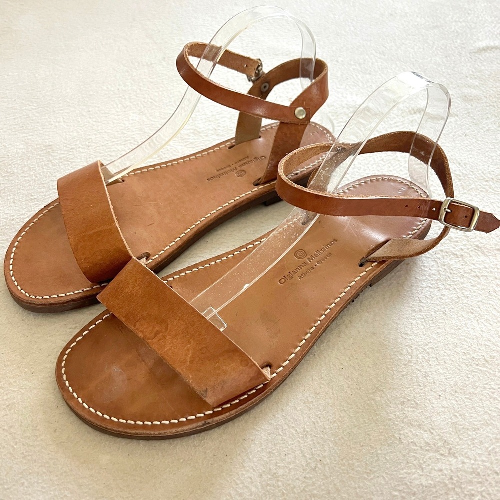 Olgianna Melissinos Sandals Womens 11 Tan Leather Ankle Strap Grecian Handmade